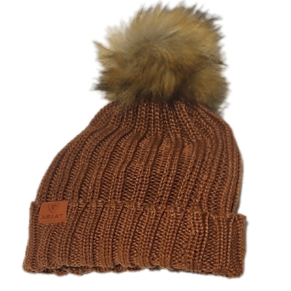 Ariat Tan and Brown Ribbed Knit Hat with Pom-Pom